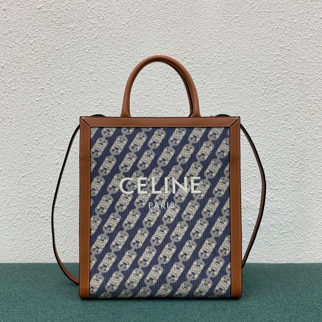 Celine Small Vertical Cabas In Textile With Celine Print And Calfskin Navy/Tan 192082